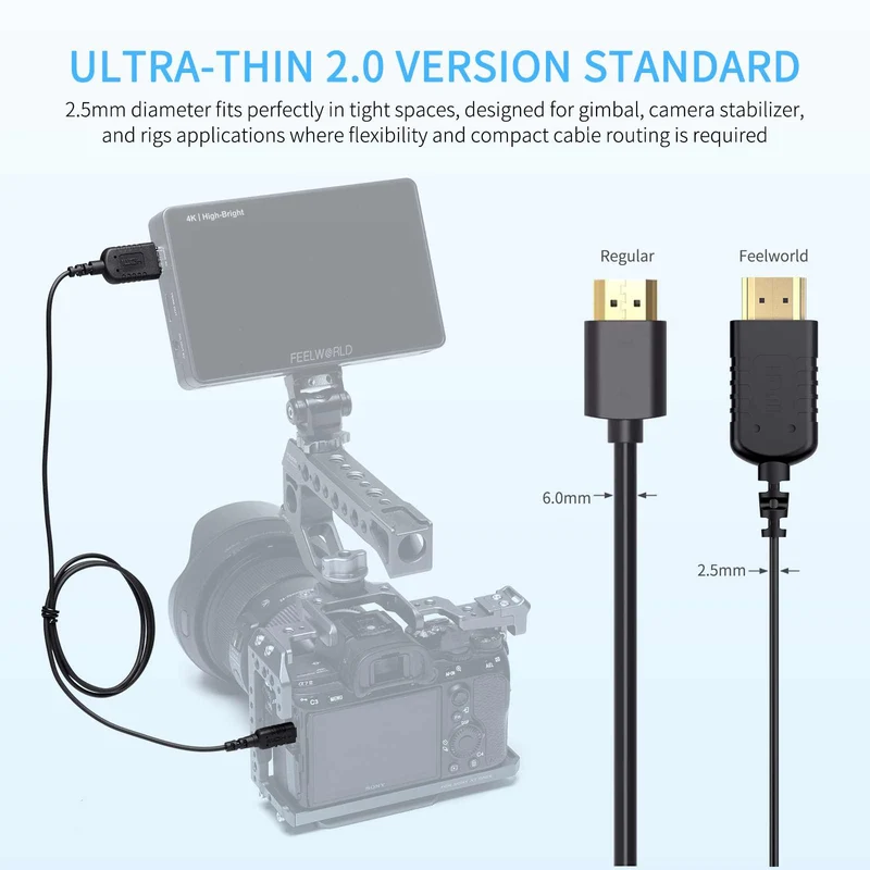 FEELWORLD Câble micro HDMI vers HDMI ultra fin 4K 3 m, câble HDMI 2.5 fin 2.0 mm, prise en charge haute vitesse 4K @ 60 Hz 2160p 1080p 18 Gbit/s 3D HDR pour appareil photo, caméscope