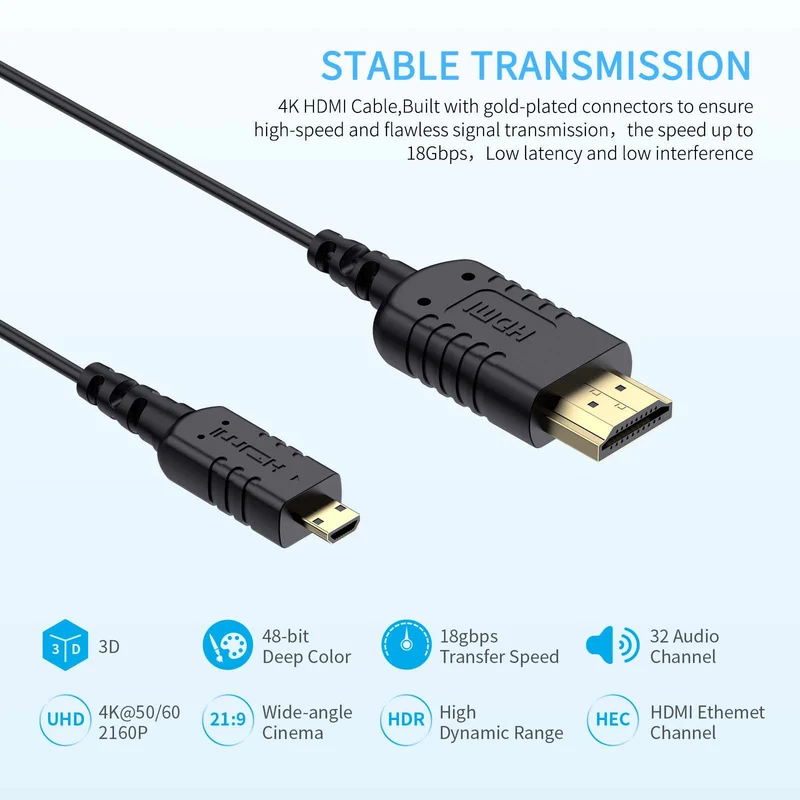 FEELWORLD Câble micro HDMI vers HDMI ultra fin 4K 3 m, câble HDMI 2.5 fin 2.0 mm, prise en charge haute vitesse 4K @ 60 Hz 2160p 1080p 18 Gbit/s 3D HDR pour appareil photo, caméscope