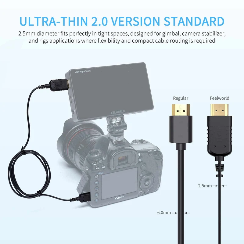 FEELWORLD Câble mini HDMI vers HDMI ultra fin 4K de 3 m, câble HDMI 2.5 fin de 2.0 mm, prise en charge haute vitesse 4K à 60 Hz 2160p 1080p 18 Gbit/s 3D HDR pour appareil photo, caméscope, ordinateur portable, tablette