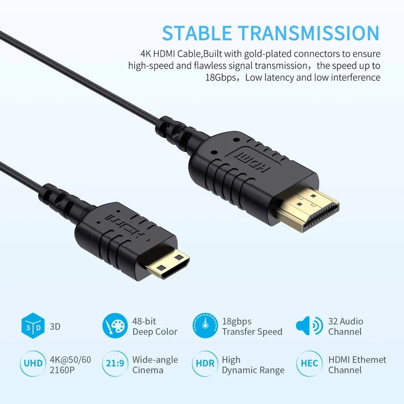 FEELWORLD Câble mini HDMI vers HDMI ultra fin 4K de 3 m, câble HDMI 2.5 fin de 2.0 mm, prise en charge haute vitesse 4K à 60 Hz 2160p 1080p 18 Gbit/s 3D HDR pour appareil photo, caméscope, ordinateur portable, tablette