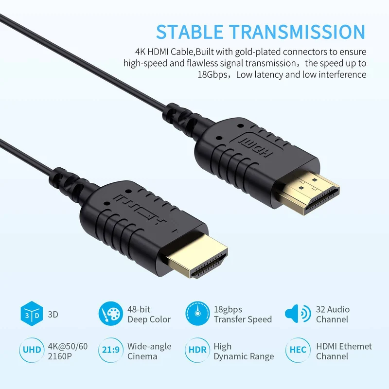 FEELWORLD Câble HDMI 4K ultra fin vers HDMI 3 m, câble HDMI 2.5 fin 2.0 mm, prise en charge haute vitesse 4K @ 60 Hz 2160p 1080p 18 Gbit/s 3D HDR pour appareil photo, caméscope, moniteur, cardan