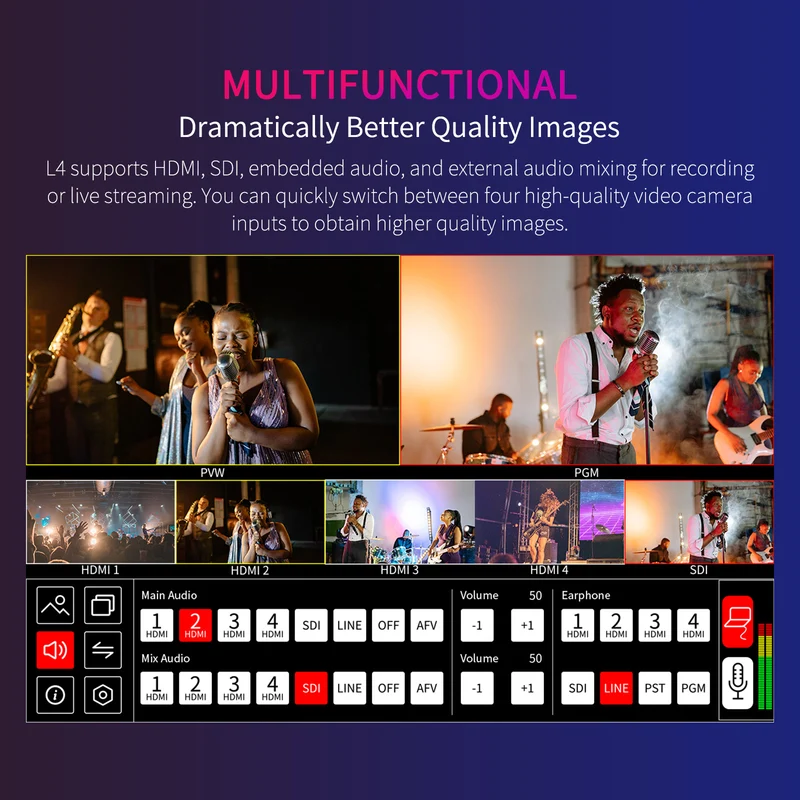 FEELWORLD L4 mélangeur vidéo multi-caméra commutateur 10.1 "écran tactile USB3.0 diffusion rapide