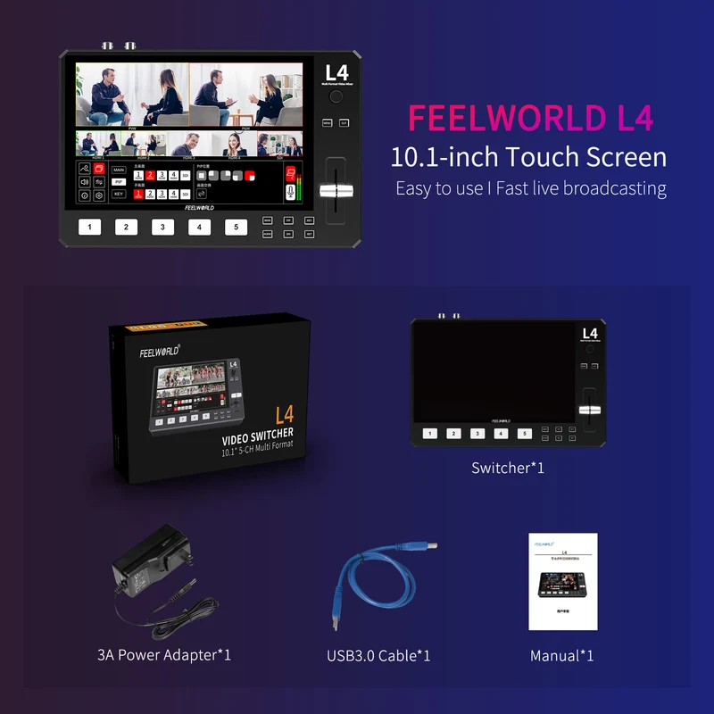 FEELWORLD L4 mélangeur vidéo multi-caméra commutateur 10.1 "écran tactile USB3.0 diffusion rapide