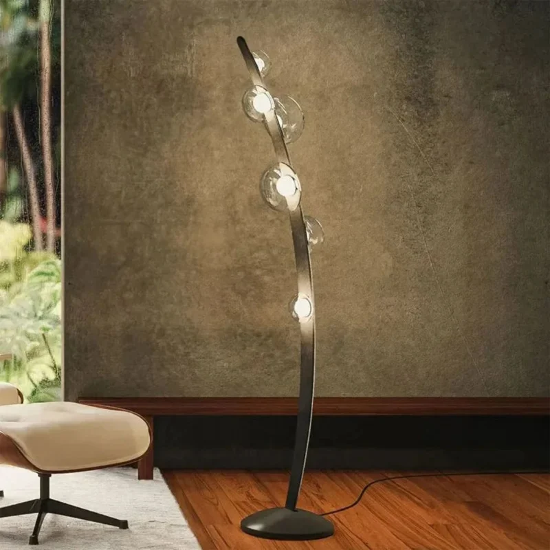 Lampe sur Pied Design Salon Courbée – Boules Verre, Signature Italienne