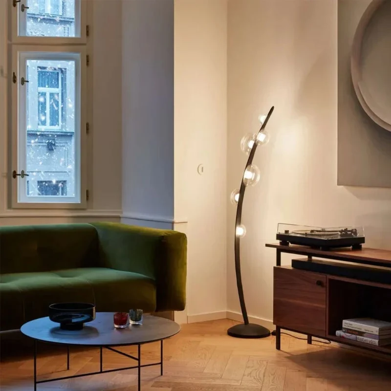 Lampe sur Pied Design Salon Courbée – Boules Verre, Signature Italienne