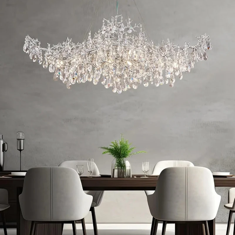 Luxury Modern Crystal Pendant Chandelier Hanging Living Room Lamp Dining Table Silver Branch Rectangular Chandeliers for Kitchen