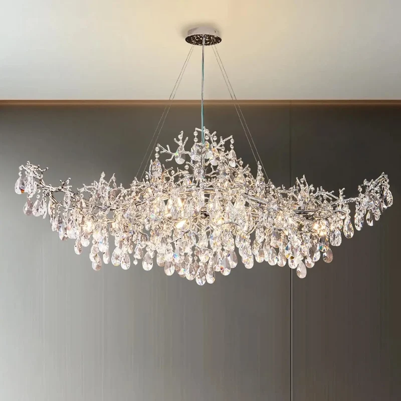 Luxury Modern Crystal Pendant Chandelier Hanging Living Room Lamp Dining Table Silver Branch Rectangular Chandeliers for Kitchen