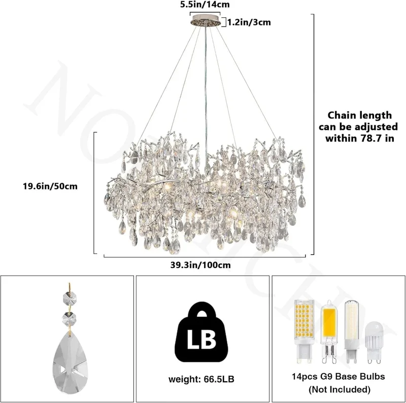 Luxury Modern Crystal Pendant Chandelier Hanging Living Room Lamp Dining Table Silver Branch Rectangular Chandeliers for Kitchen
