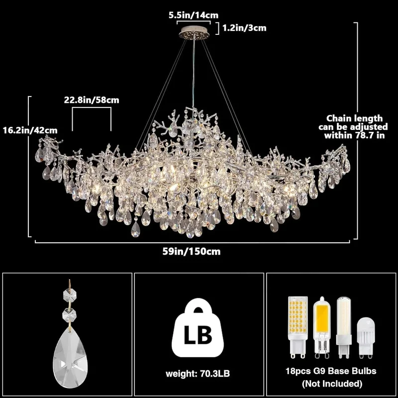 Luxury Modern Crystal Pendant Chandelier Hanging Living Room Lamp Dining Table Silver Branch Rectangular Chandeliers for Kitchen
