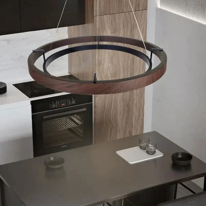 Led Home Decor Wood Grain Chandelier Creative Round Hanging Light Fixture Minimalist Suspension Luminaire For Living Room Dining