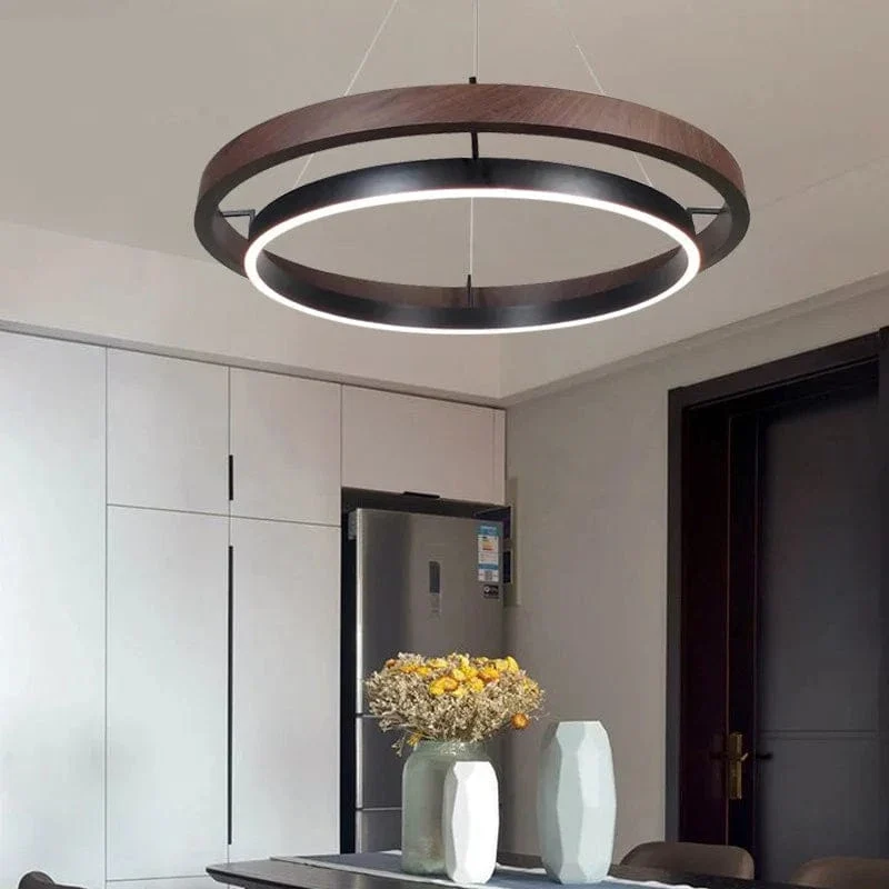 Led Home Decor Wood Grain Chandelier Creative Round Hanging Light Fixture Minimalist Suspension Luminaire For Living Room Dining