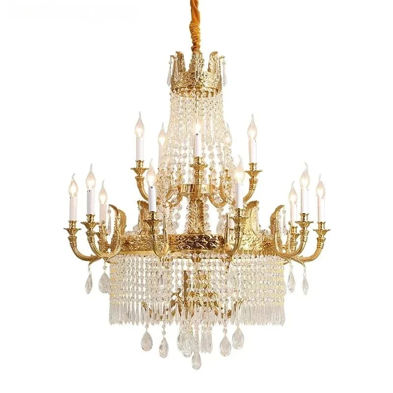 European Rococo 20 Lights Luxury Crystal Home Decoration Hanging Pendant Light Hotel Spiral Brass Chandelier