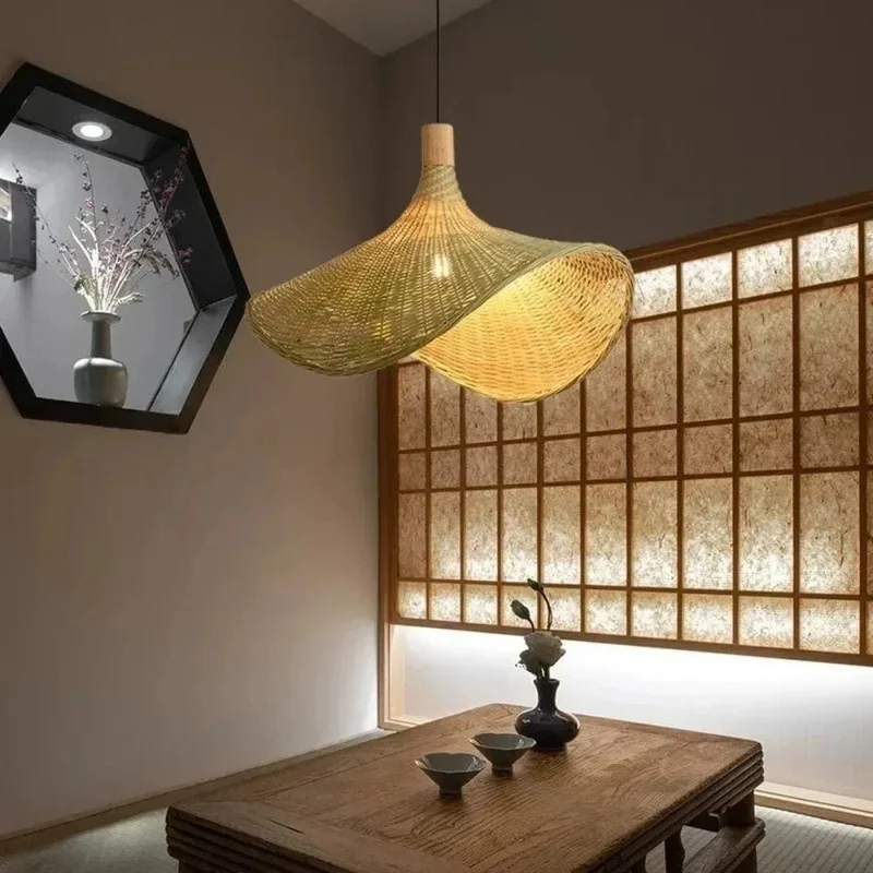 Pendant Light Rattan Hanging Lights Cord Bamboo Hanging Lamp Dimmable Basket Lamp Shade,Hemp Rope Plug in Ceiling Light Fixture