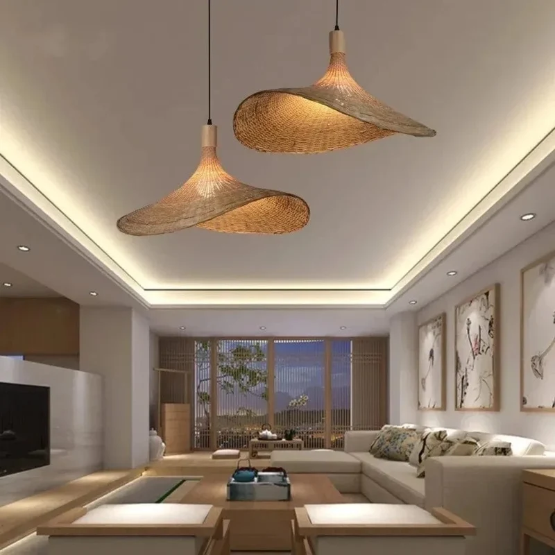 Pendant Light Rattan Hanging Lights Cord Bamboo Hanging Lamp Dimmable Basket Lamp Shade,Hemp Rope Plug in Ceiling Light Fixture