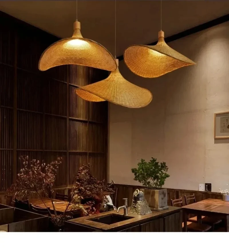 Pendant Light Rattan Hanging Lights Cord Bamboo Hanging Lamp Dimmable Basket Lamp Shade,Hemp Rope Plug in Ceiling Light Fixture