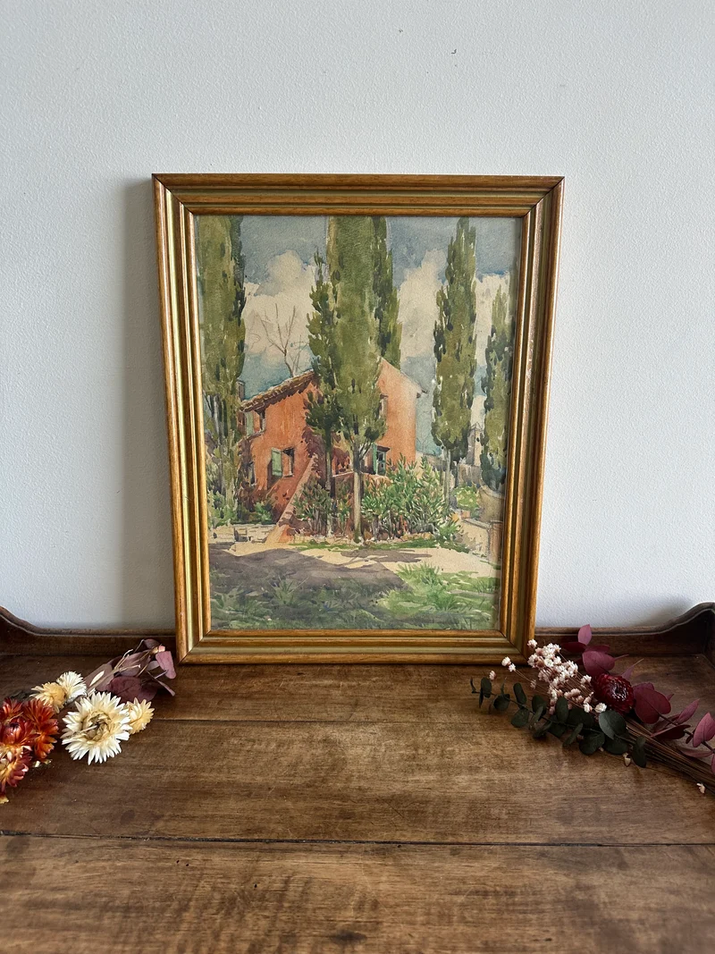 Aquarelle encadrée signée maison à Cimiez