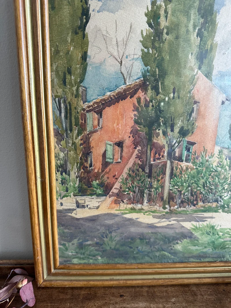Aquarelle encadrée signée maison à Cimiez