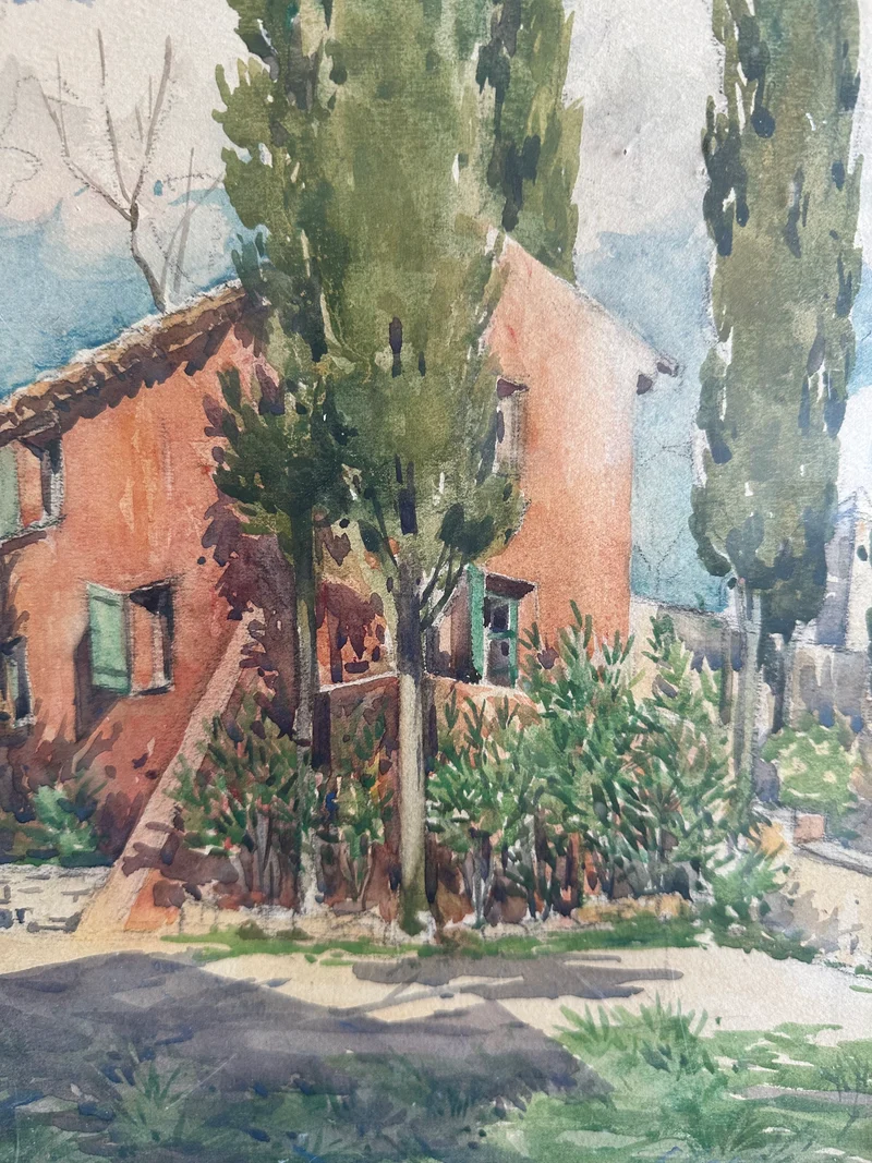 Aquarelle encadrée signée maison à Cimiez