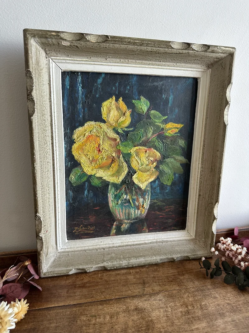 Peinture fleurs jaunes fond bleu nuit années 71