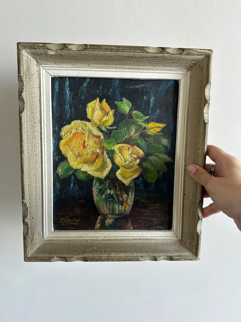 Peinture fleurs jaunes fond bleu nuit années 71
