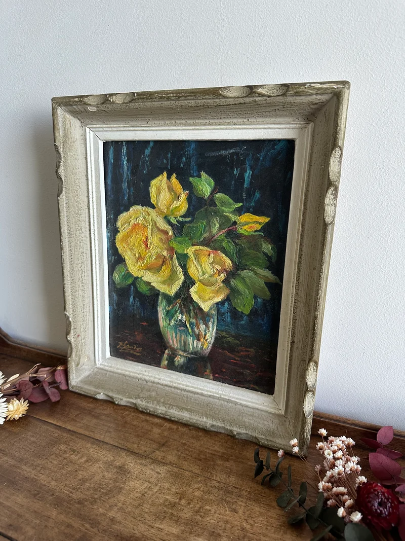 Peinture fleurs jaunes fond bleu nuit années 71