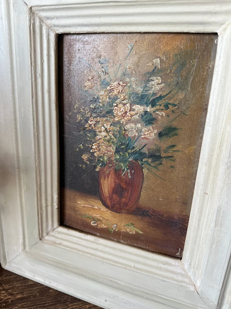 Peinture sur planche nuances marrons encadrement bois blanc épais