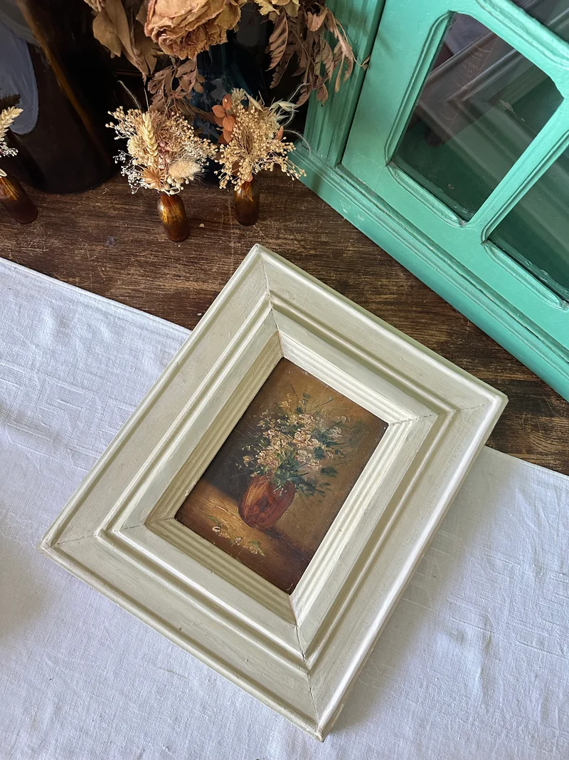 Peinture sur planche nuances marrons encadrement bois blanc épais