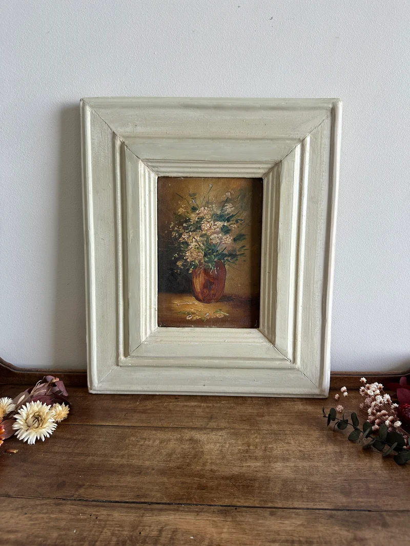 Peinture sur planche nuances marrons encadrement bois blanc épais