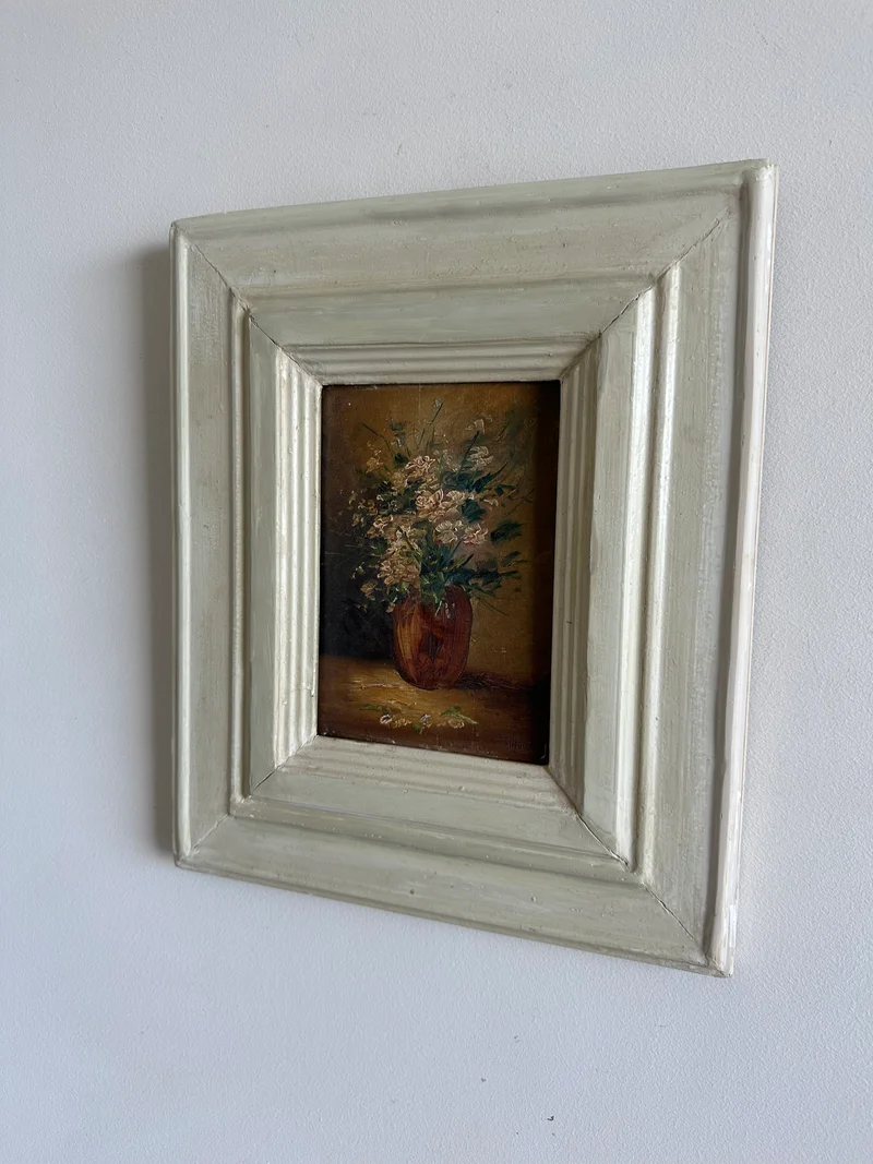 Peinture sur planche nuances marrons encadrement bois blanc épais