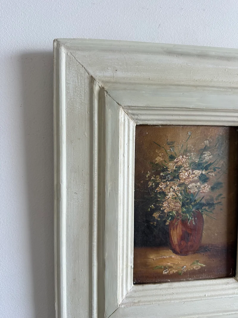 Peinture sur planche nuances marrons encadrement bois blanc épais