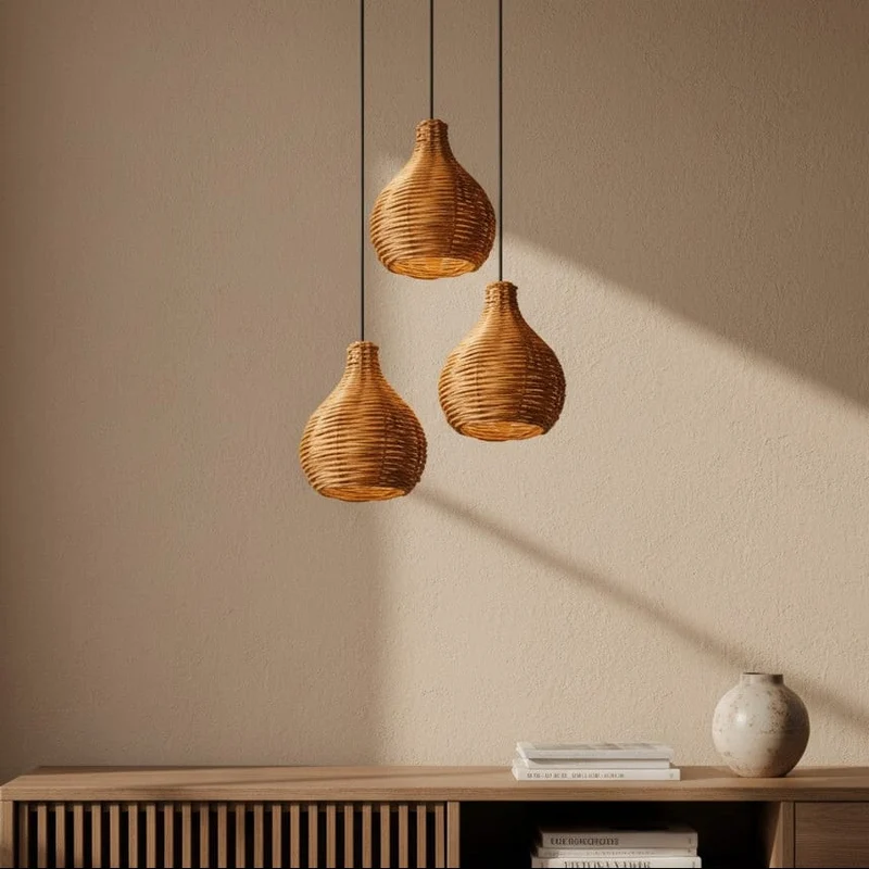 Lustre 3 Suspensions Rotin Naturel - Style Bohème