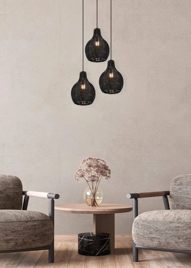 Lustre 3 Suspensions Rotin Naturel - Style Bohème