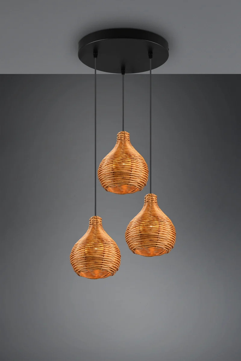 Lustre 3 Suspensions Rotin Naturel - Style Bohème