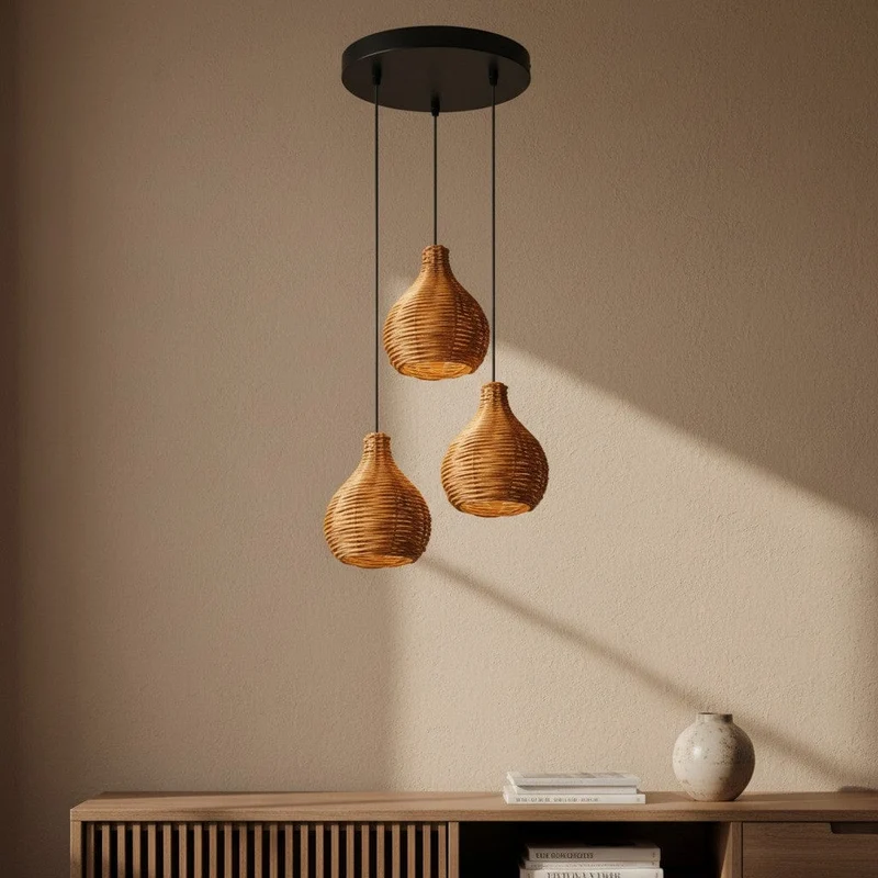 Lustre 3 Suspensions Rotin Naturel - Style Bohème