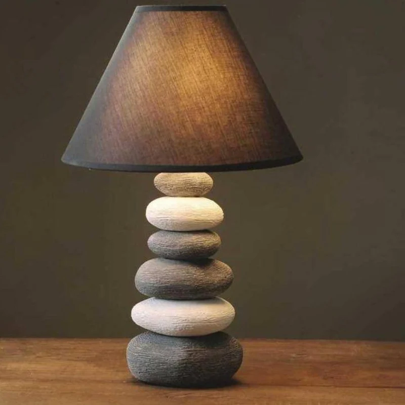 Lampe de Chevet Design Led Avec Galets et Abat-Jour Scandinave