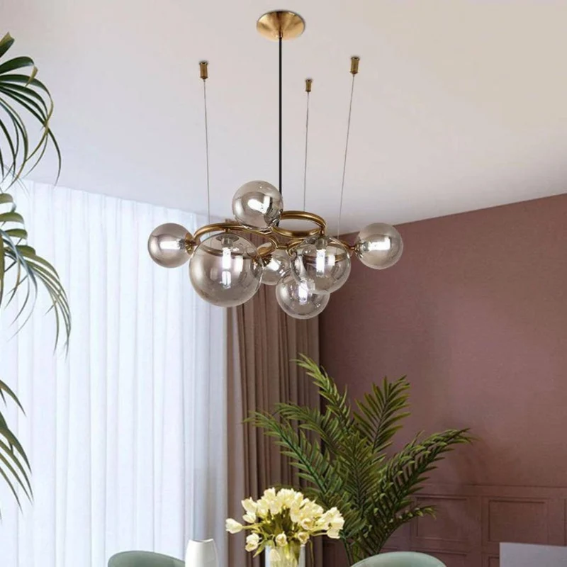 Lustre Rétro Cuivre et Verre Fumé – Anneaux Dorés, Ambiance Discrète