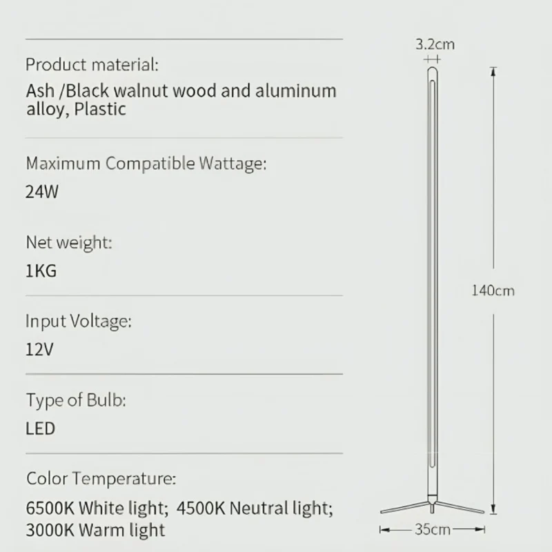 Lampadaire Fin en Bois Naturel à Ruban LED – Clair ou Foncé, Trépied