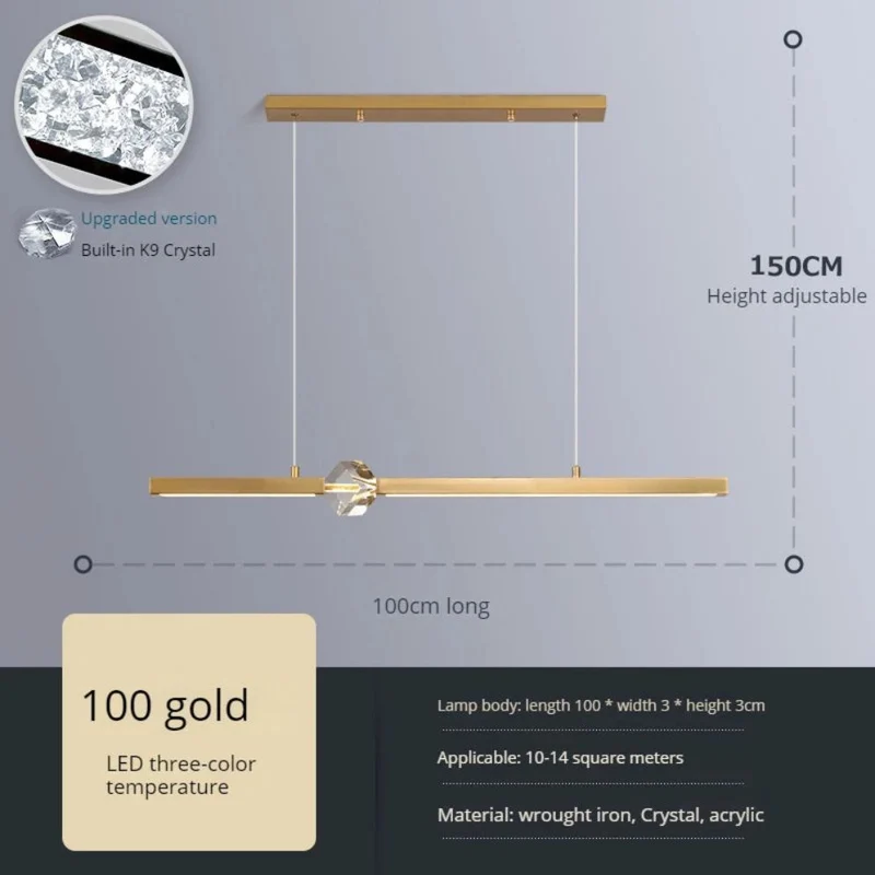 Lustre Pendant Doré ou Noir à Cube Cristal – Longueur Réglable 150cm