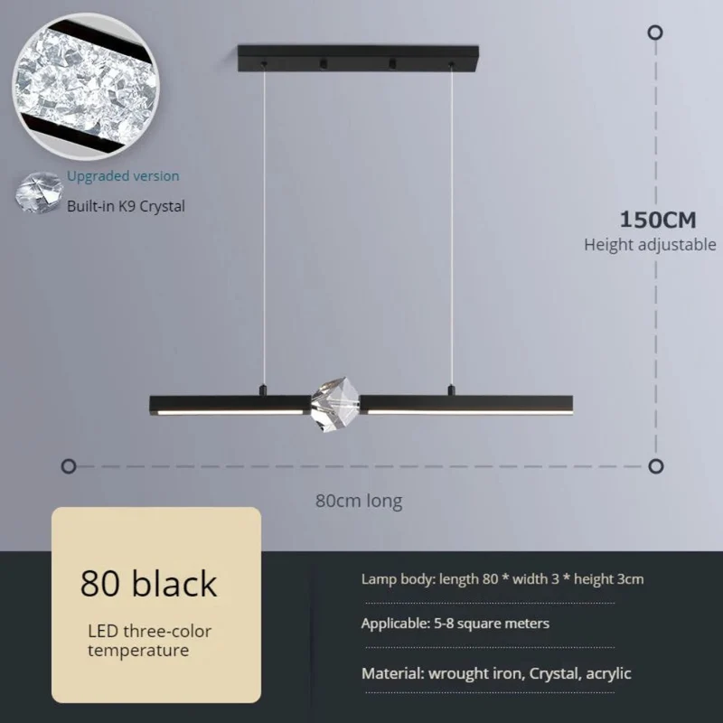 Lustre Pendant Doré ou Noir à Cube Cristal – Longueur Réglable 150cm
