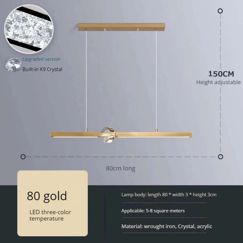 Lustre Pendant Doré ou Noir à Cube Cristal – Longueur Réglable 150cm