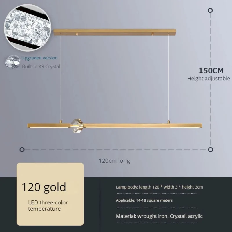 Lustre Pendant Doré ou Noir à Cube Cristal – Longueur Réglable 150cm