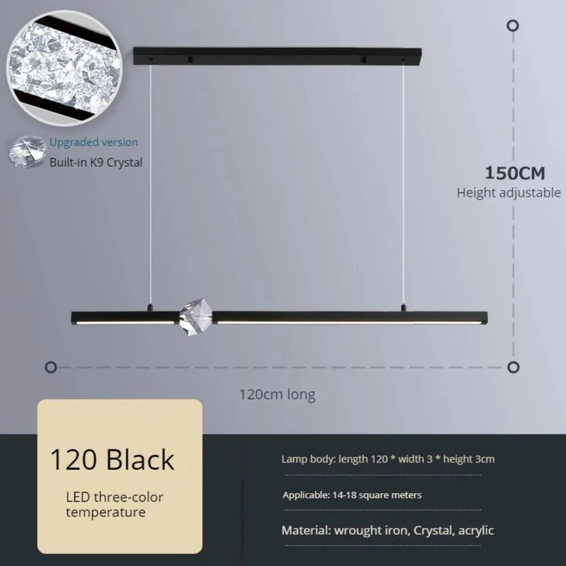 Lustre Pendant Doré ou Noir à Cube Cristal – Longueur Réglable 150cm