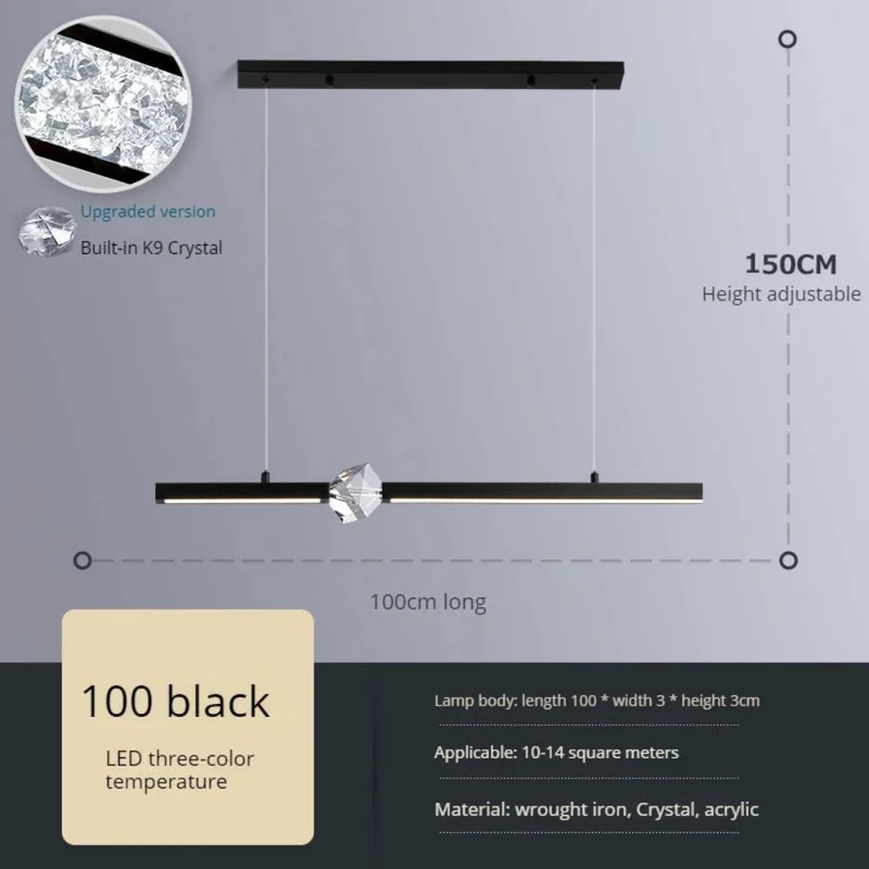 Lustre Pendant Doré ou Noir à Cube Cristal – Longueur Réglable 150cm