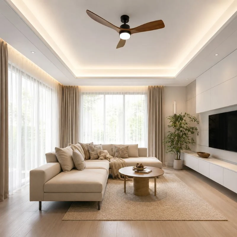 Ventilateur de Plafond LED 18W CCT Noir et Effet Bois avec Télécommande Ø122cm