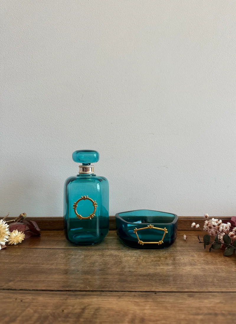 Duo de salle de bain en verre bleu annés 80