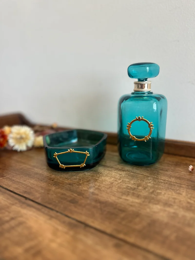 Duo de salle de bain en verre bleu annés 80