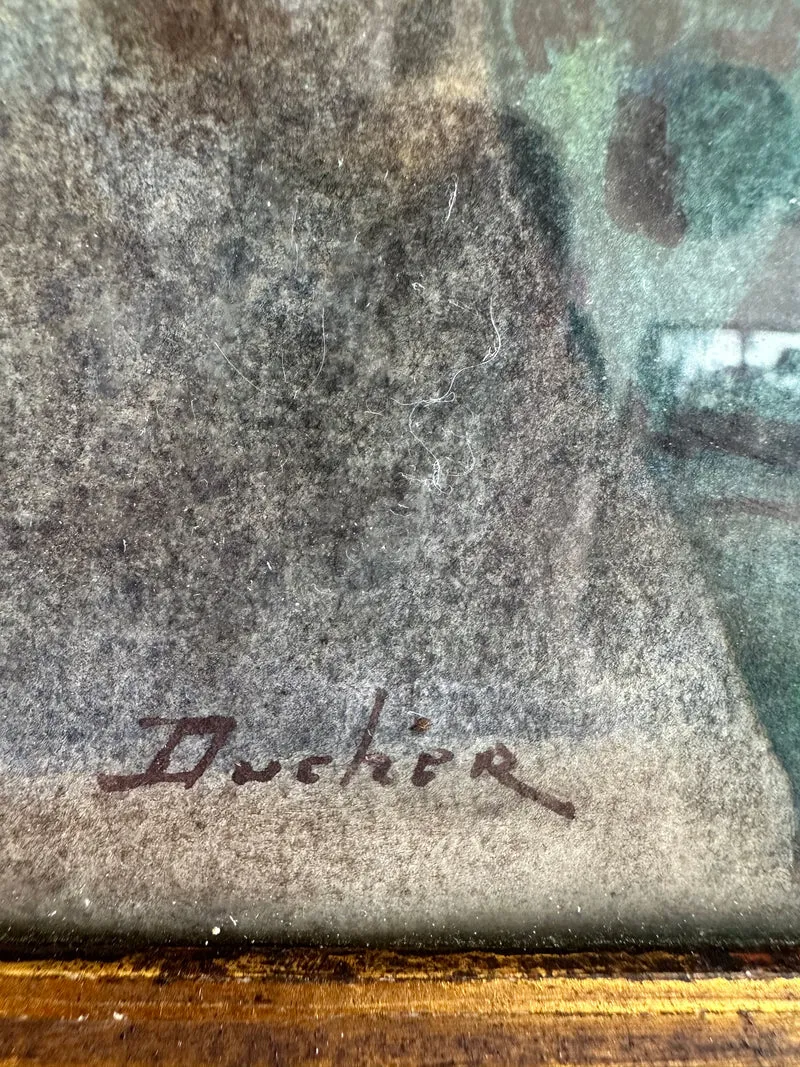Aquarelle signée encadrement bouquet de fleurs roses et blanches années 30