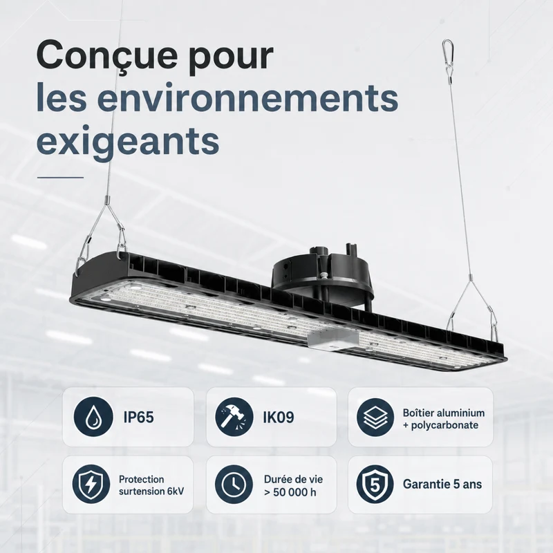 Pack de 6 - Suspension LED industrielle linéaire 150W/200W/250W 185lm/w avec Détecteur de Mouvement - Garantie 5 ans