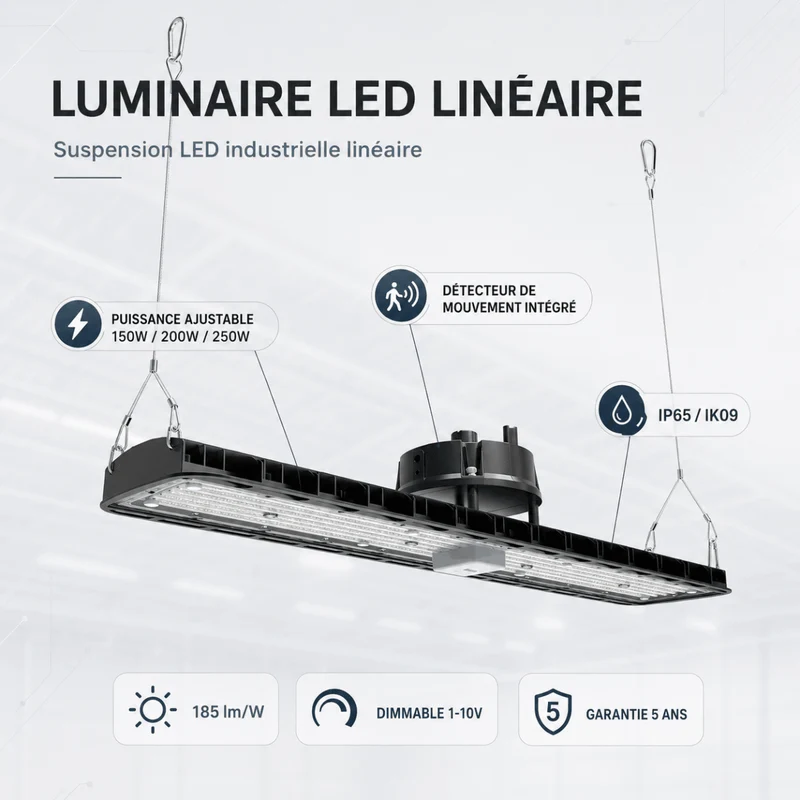 Pack de 6 - Suspension LED industrielle linéaire 150W/200W/250W 185lm/w avec Détecteur de Mouvement - Garantie 5 ans