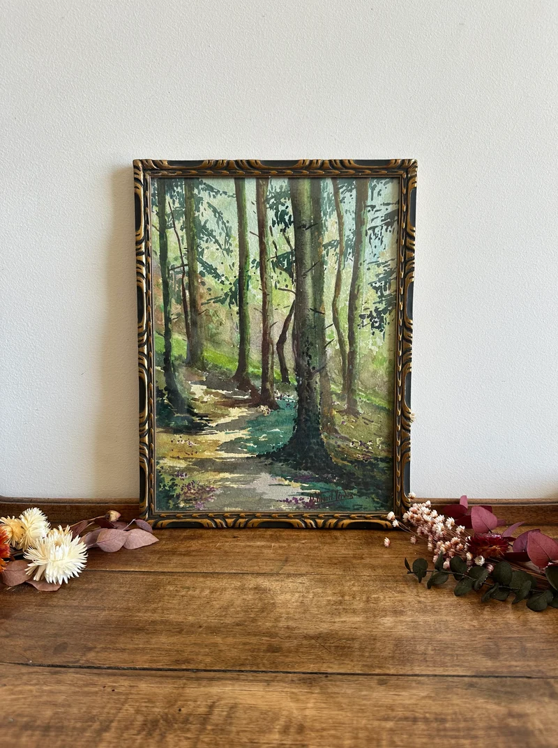Aquarelle sous-bois signée année 1900